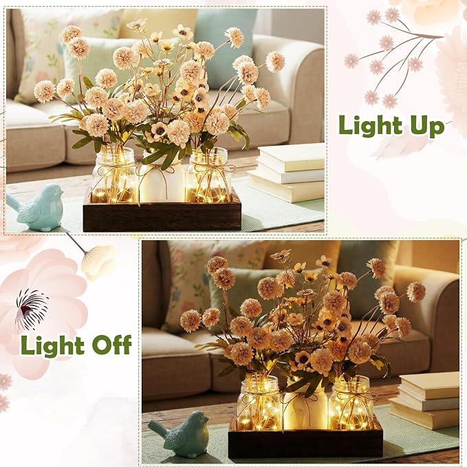 Suncalla 3 Pcs Summer Mason Jar Centerpiece Table Decorations Khaki Faux Kiku - Image 3