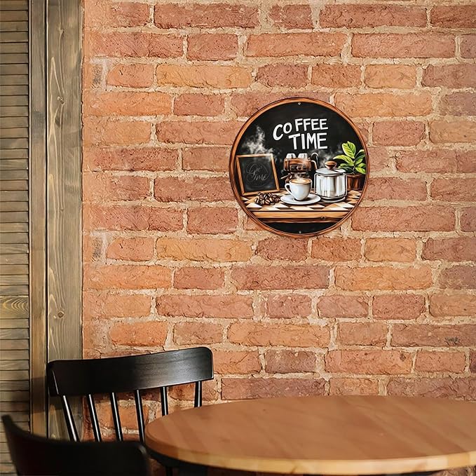 Coffee Time Chalkboard Coffee Maker Cup Beans Plant Round Tin Sign Vintage - Image 6