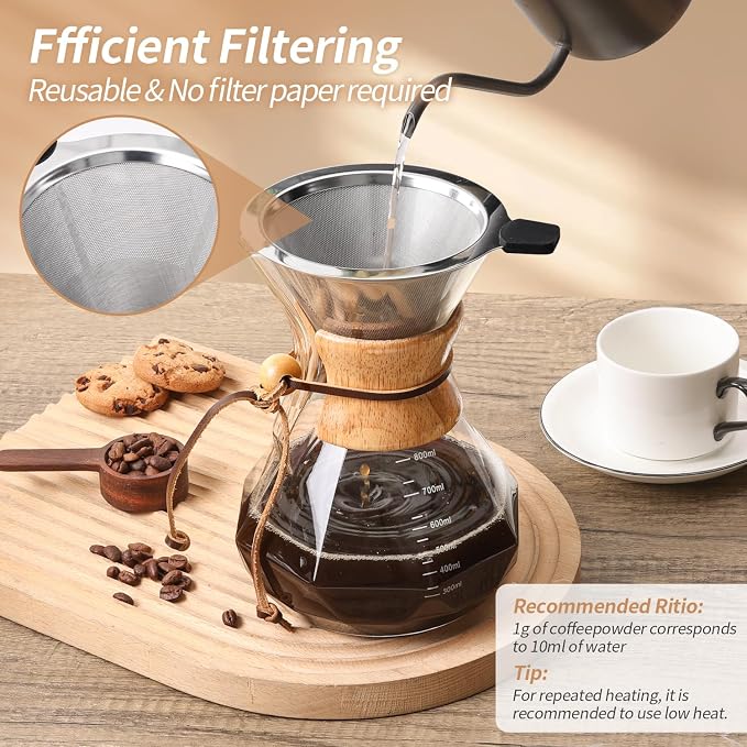 Pour Over Coffee Maker 27 OZ, 8 Cup Borosilicate Glass Drip Coffee Maker - Image 5
