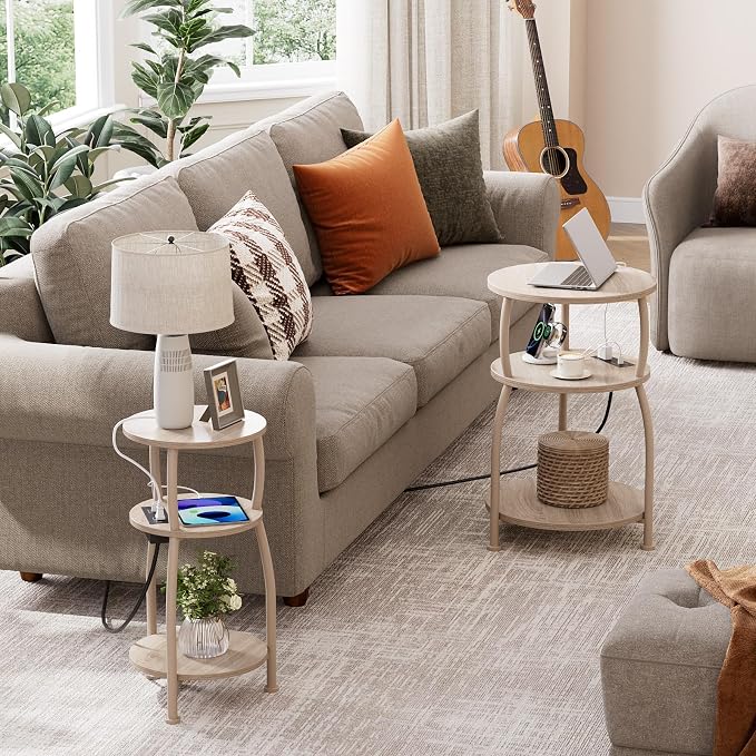 Round Side Table with Power Outlet & USB Ports, 3-Tier End Table with Storage - Image 7