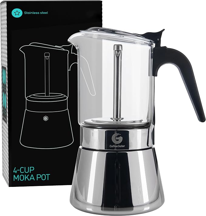 Coffee Gator 4 Cup Moka Pot, 6.7oz Stovetop Espresso Maker by CoffeeGator