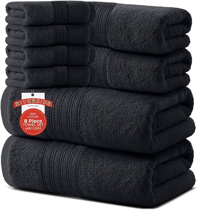 RIVERSIDE Pack of 8 Towels Set, 2 Large Bath, 2 Hand, 4 Face Washcloths by RIVERSIDE