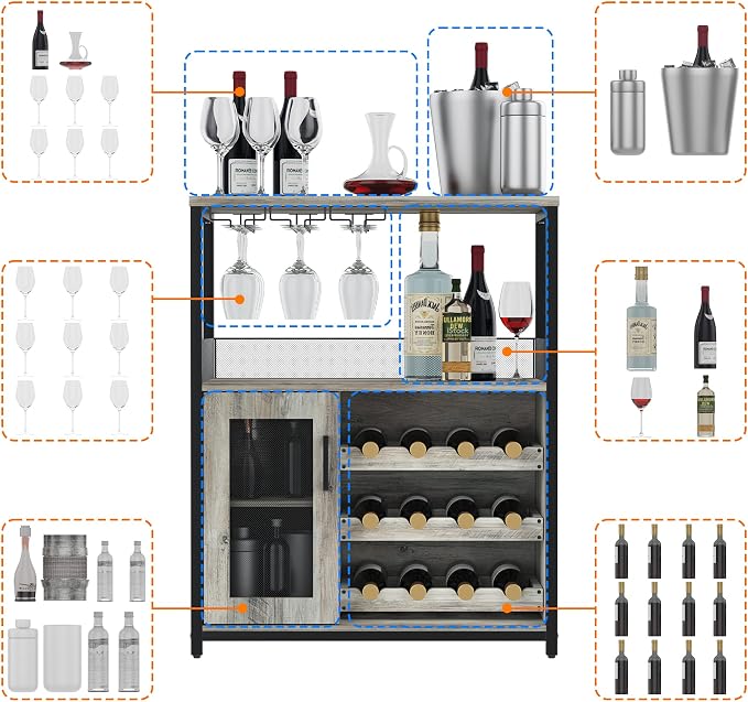 Jojoka 3 Tier Wine Bar Cabinet, Adjustable Storage, Liquor Rack, Glass Holder - Image 5