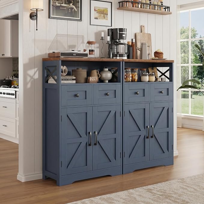 Blue Farmhouse Storage Cabinet Set of 2, Small Kitchen Pantry Storage Cabinet - Image 2