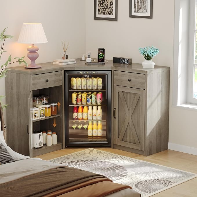 Coffee Bar Cabinet with Fridge Space, Corner Bar Cabinet with Fridge Space - Image 7