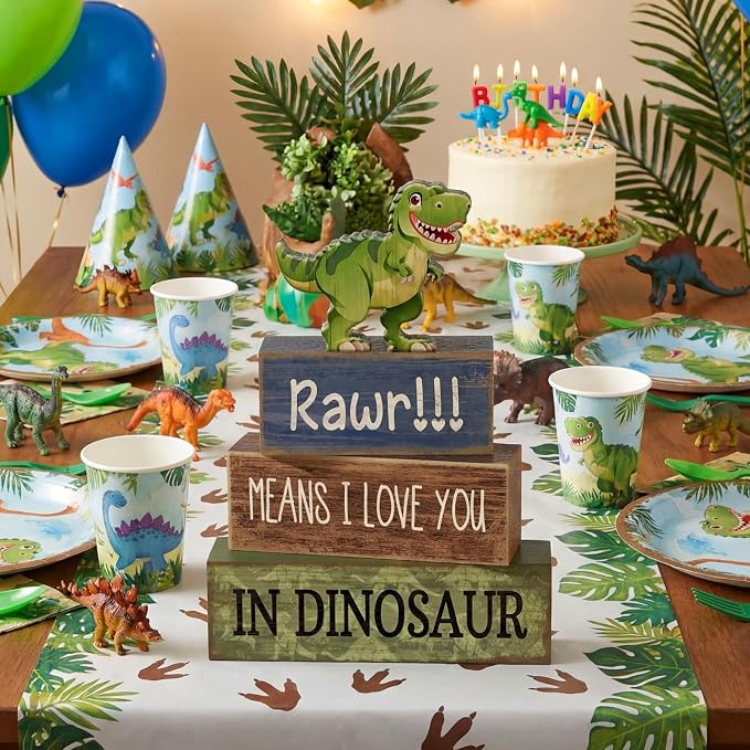 Lineshading 4 Pcs Dinosaur Table Decorations Wooden Dinosaur Decor Dino Safari - Image 3