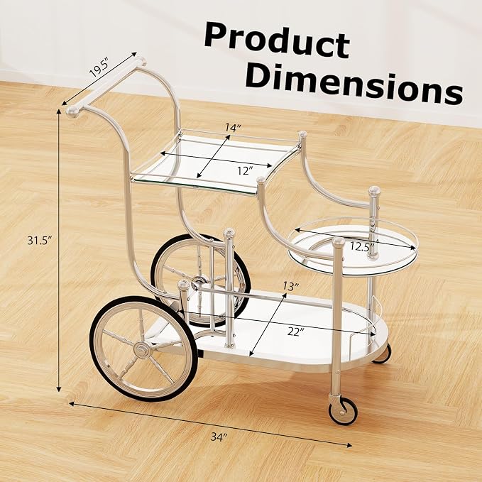 Tangkula Bar Cart, 3-Tier Rolling Home Bar Serving Cart - Image 4
