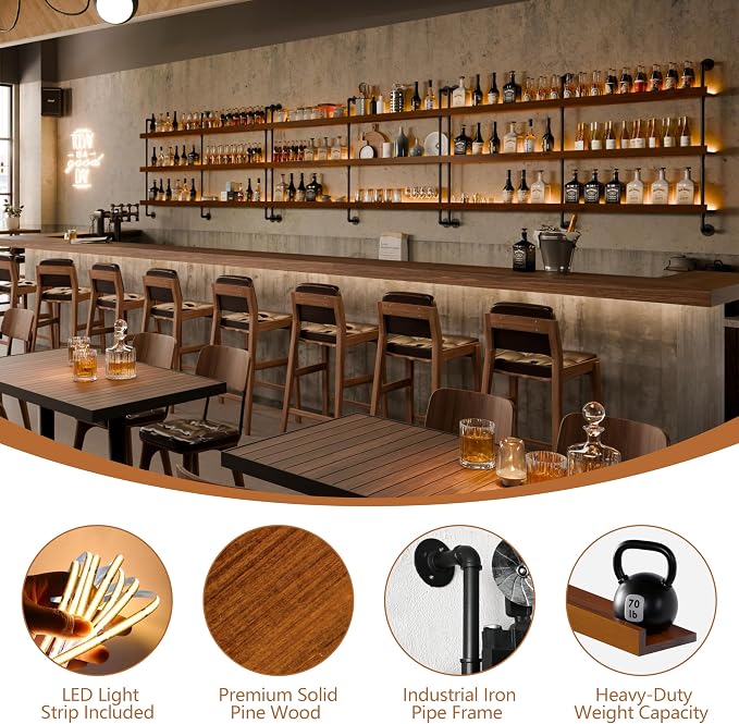 Wall Mounted Wine Rack with LED Light, LED Industrial Pipe Wine Shelf, 3-Tier - Image 3