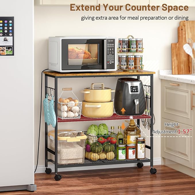3 Tier Rolling Kitchen Microwave Cart, 33 Inch Microwave Table Stand - Image 3