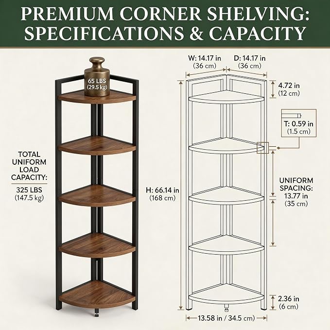 FATORRI Tall Corner Shelf, Industrial Corner Bookshelf, Wood and Metal Corner - Image 2