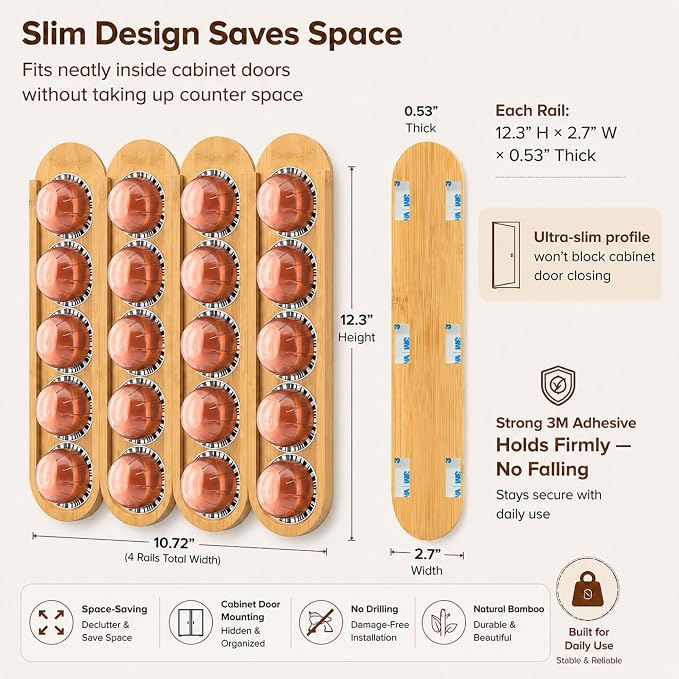 Bamboo Coffee Pod Holder, Adhesive Wall Mount - Image 3