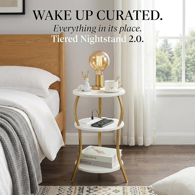 Small Round Side Table with Charging Station, 3-Tier Waist Circular End Table - Image 3