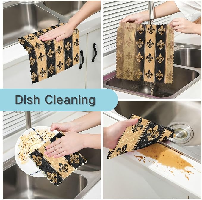 ALAZA Dish Towels Kitchen Cleaning Cloths Black and Beige Fleur De Lis Dish - Image 2