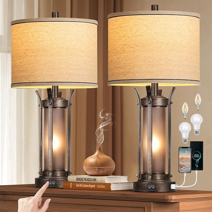 QiMH Farmhouse Table Lamps for Living Room, Rustic Beside Lamps for Bedroom by Qimh