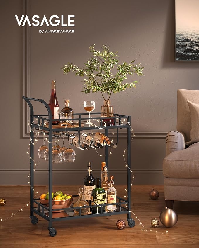 VASAGLE Bar Cart Black, Home Bar Serving Cart, Wine Cart - Image 2