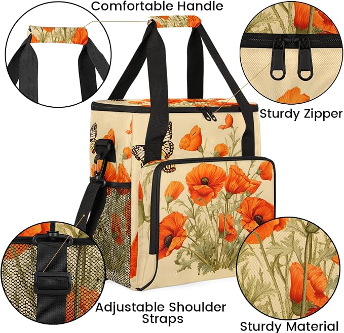 Butterflies Poppy Flowers Coffee Maker Carring Bag, Large Insulated Storage - Image 6