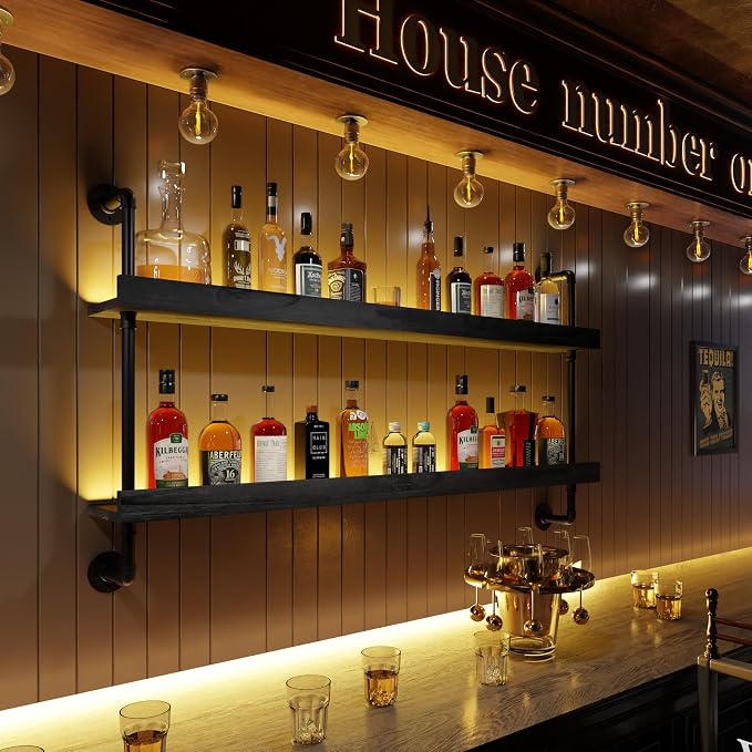 Wall Mounted Wine Rack with LED Light, LED Industrial Pipe Liquor Bar Shelves by Anynice