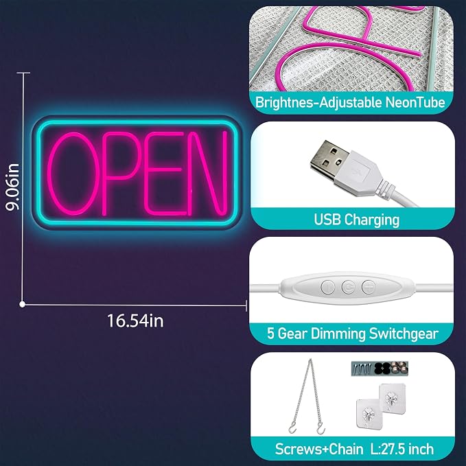 Open Signs for Business, 16.5"x 9" Dimmable Led Neon Open Sign Ultra Bright - Image 3