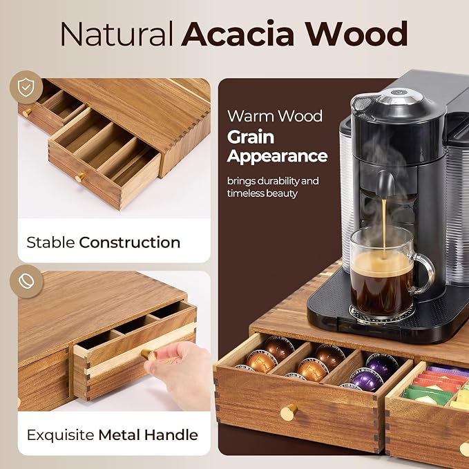 K Cup Organizer Drawer, Acacia Wood Coffee Pod and Tea Bag Storage Box - Image 6