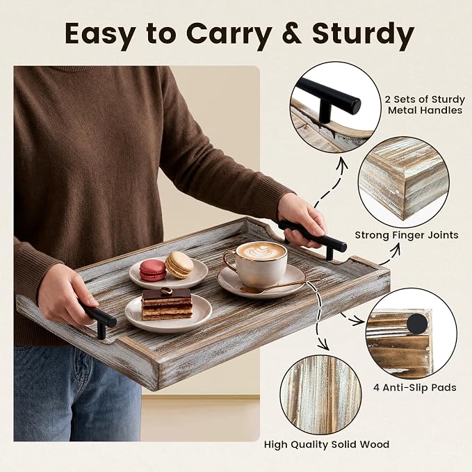 Wood Serving Tray with Metal Handles, 17x13in Large Wooden Tray - Image 4