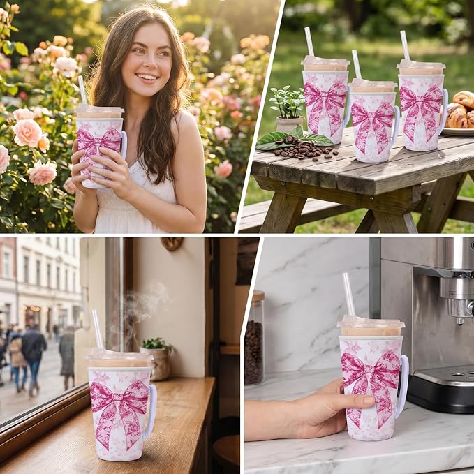 Pink Bow Reusable Insulated Iced Coffee Cup Sleeve, Bow Floral Insulated Cup - Image 6