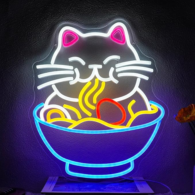 Fortune Cat Ramen Neon Sign Dimmable Lucky Cat Neon Light Sign by Unknown