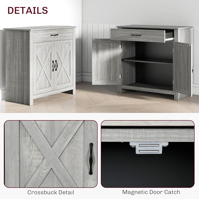 HOMCOM Farmhouse Sideboard Buffet Cabinet, Barn Door Coffee Bar Cabinet - Image 7