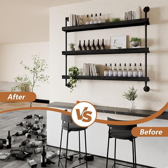 Wall Mounted Wine Rack with LED Light, LED Industrial Pipe Liquor Bar Shelves - Image 4