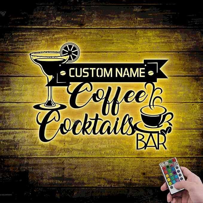 Cocktail And Coffee Metal Wall Art LED Lights, Lighted Bar LED Custom Name Sign - Image 3