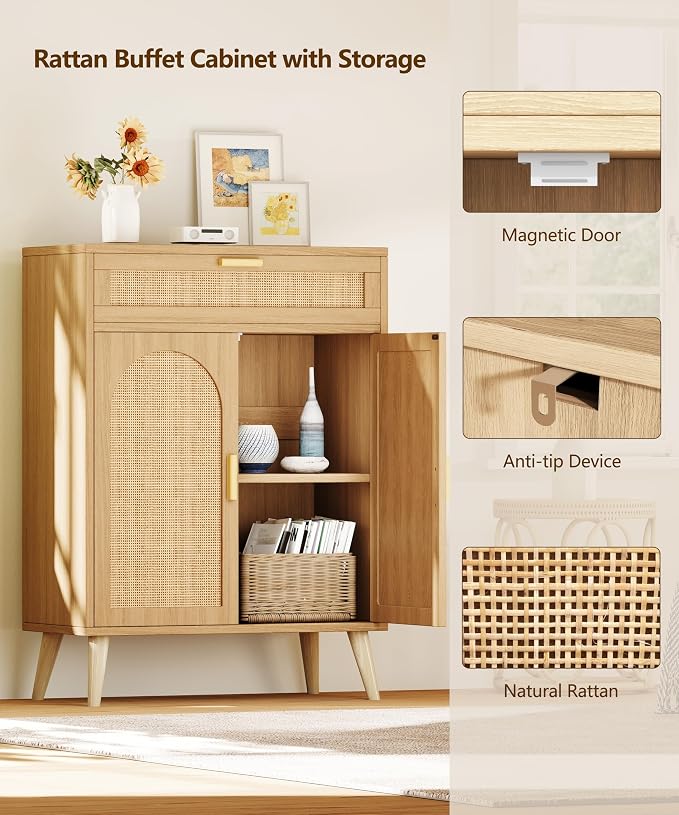Rattan Sideboard Buffet Cabinet set of 2, Boho Storage Cabinet - Image 8