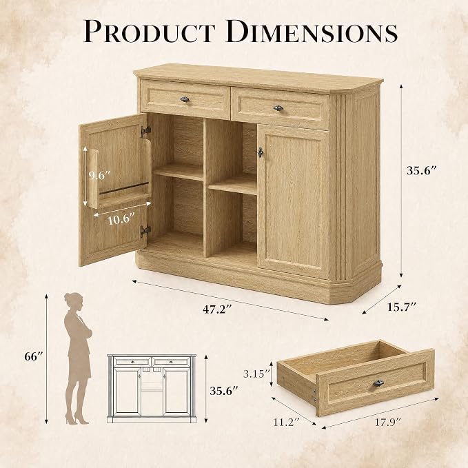 Natural Oak Coffee Bar with 2 Drawers & 2 Doors, LED Wine Bar Cabinet with Wine - Image 3
