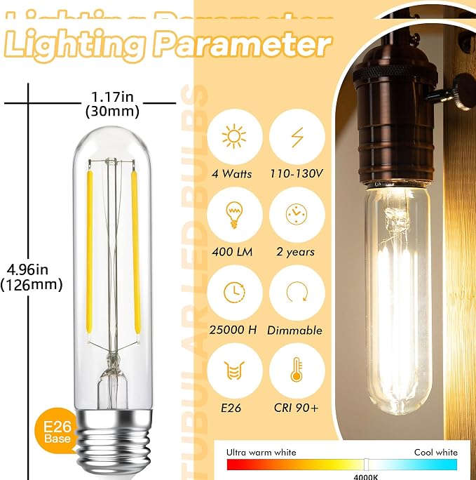 T10 LED Light Bulbs, E26 Tubular Light Bulbs 40Watt 4000K Neutral White - Image 2