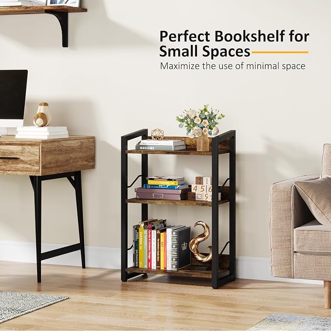 Hosfais Book Shelf Small Bookshelf: 3-Tier Wood Bookcase Industrial Bookshelf - Image 4