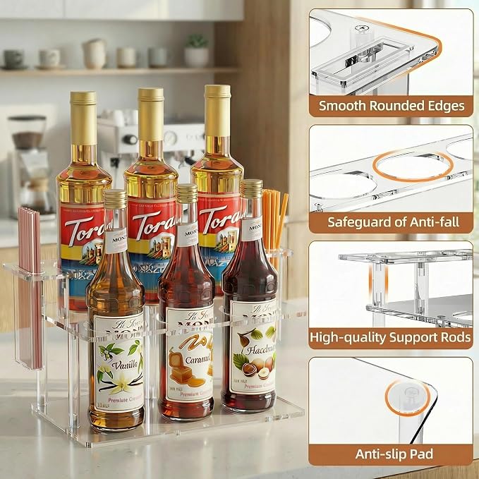 Coffee Syrup Organizer with Straw Holders, 2-Tier Acrylic Syrup Rack, Anti-Slip - Image 6