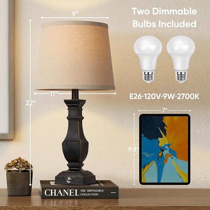 ROTTOGOON Dimmable Table Lamps Set of 2, Rustic Farmhouse Table Lamps - Image 3