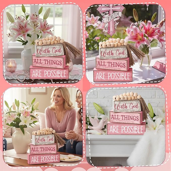Lineshading 4 Pcs Christian Table Decor Pink Rustic Wooden Block Sign Set - Image 5