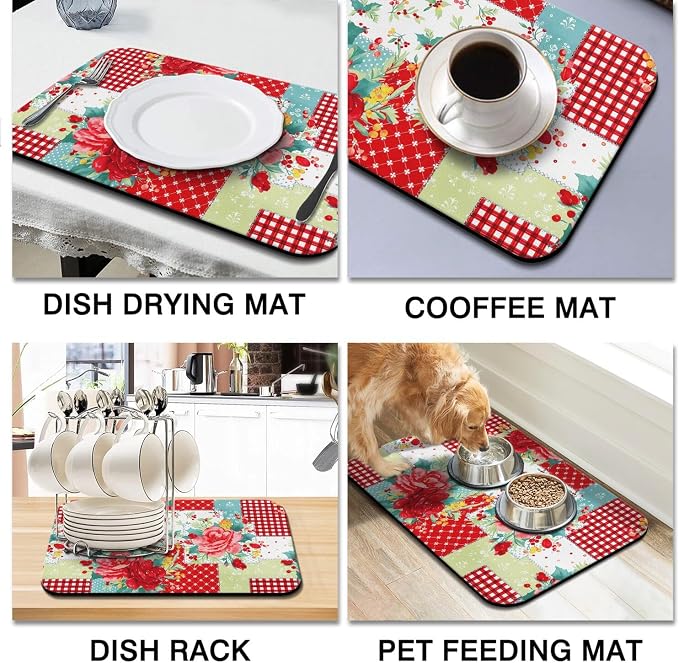 Kitchen Counter Drying Mat, Floral Patchwork Design, 12x20 Inch - Image 5
