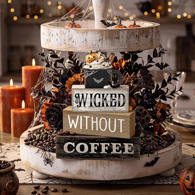 Lineshading 4 Pcs Halloween Coffee Table Decorations Wicked Wooden Stacked Sign - Image 6