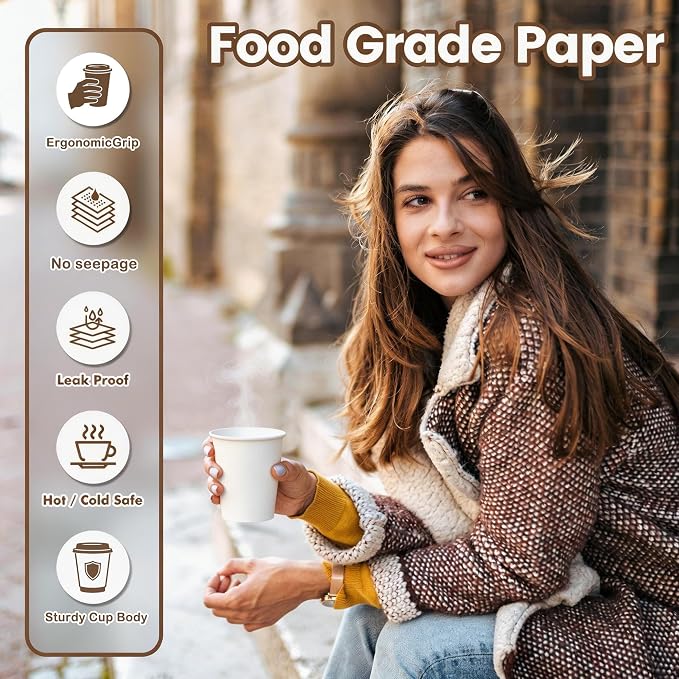 MOUMOULIFE Disposable Paper Coffee Cups 8 oz 300 Count, Leak-Proof Coffee Cups - Image 5