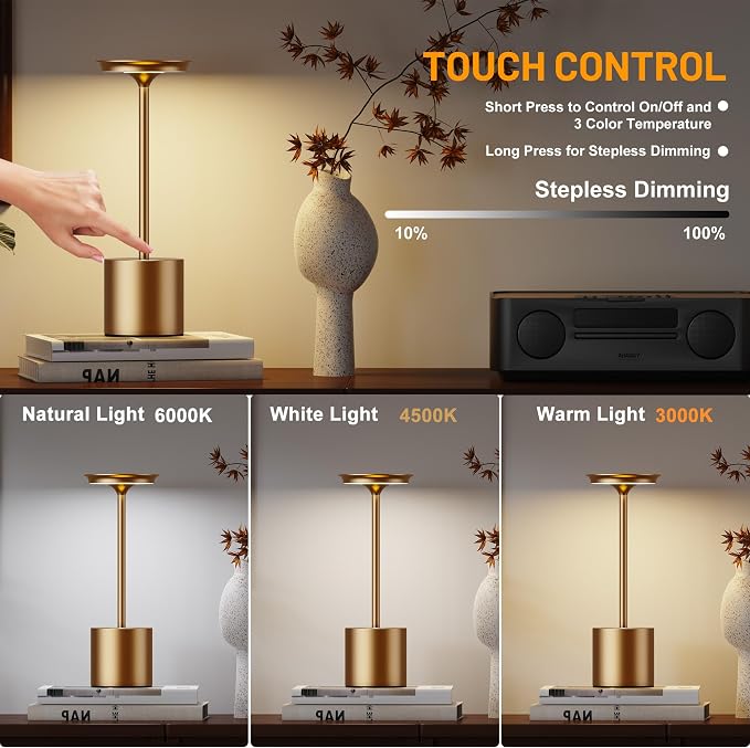 Rechargeable Cordless Table Lamp, 6000mAh Battery Operated Desk Lamp, IP54 - Image 2