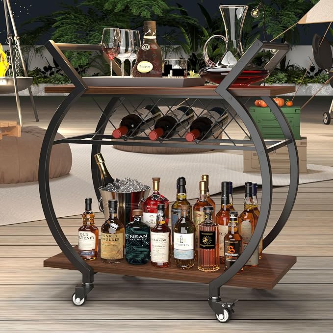 LVB Modern Gold Bar Cart, Industrial Rolling Serving Wine Cart - Image 8