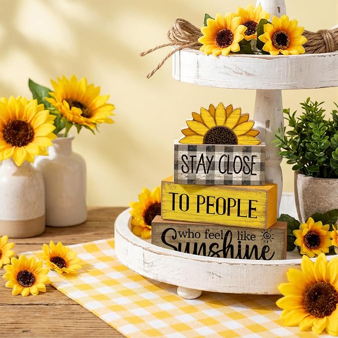 Lineshading 4 Pcs Farmhouse Sunflower Table Decorations Stackable Rustic Wooden - Image 7