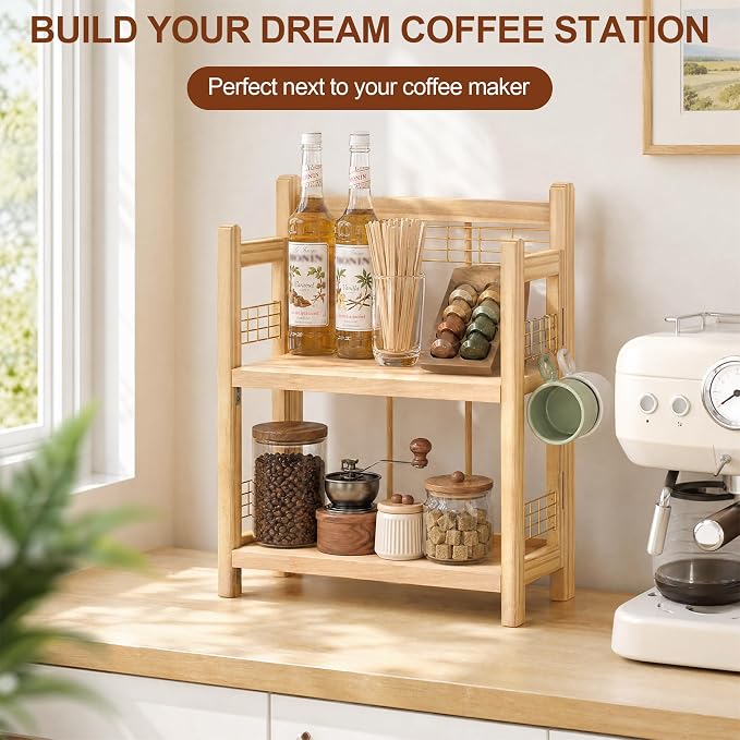 No-Assembly Coffee Bar Organizer, 2-Tier Coffee Station Shelf | Foldable Oak - Image 7