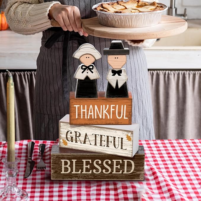 Lineshading 4 Pcs Fall Table Decoration Wooden Pilgrim Couple Decor - Image 7