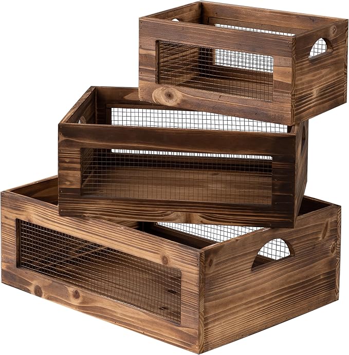 Rustic Wooden Crates for Storage Set of 3, Decorative Storage Containers by Sintosin