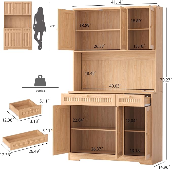 Pantry Storage Cabinet with Charging Station, Kitchen Storage with Adjustable - Image 2