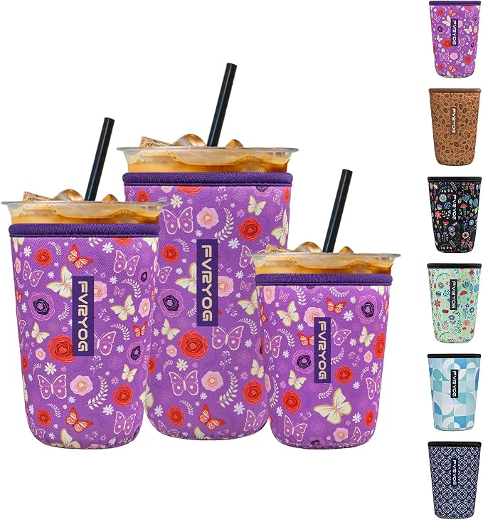 3 Pack Reusable Insulated Neoprene Iced Coffee Sleeves & Coffee Cup Holder by Fvryog