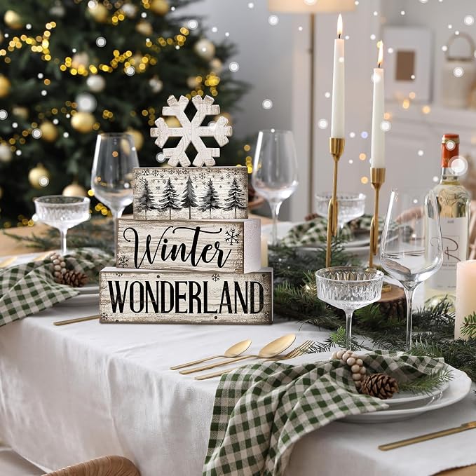 Lineshading 4 Pcs Winter Table Decorations Wooden Snowflake Decor Winter Tiered - Image 4