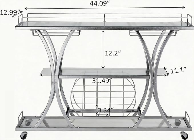 Silver Bar Carts with Glass Holders & Wine Rack, 3 Tier Home Bar Serving Carts - Image 4