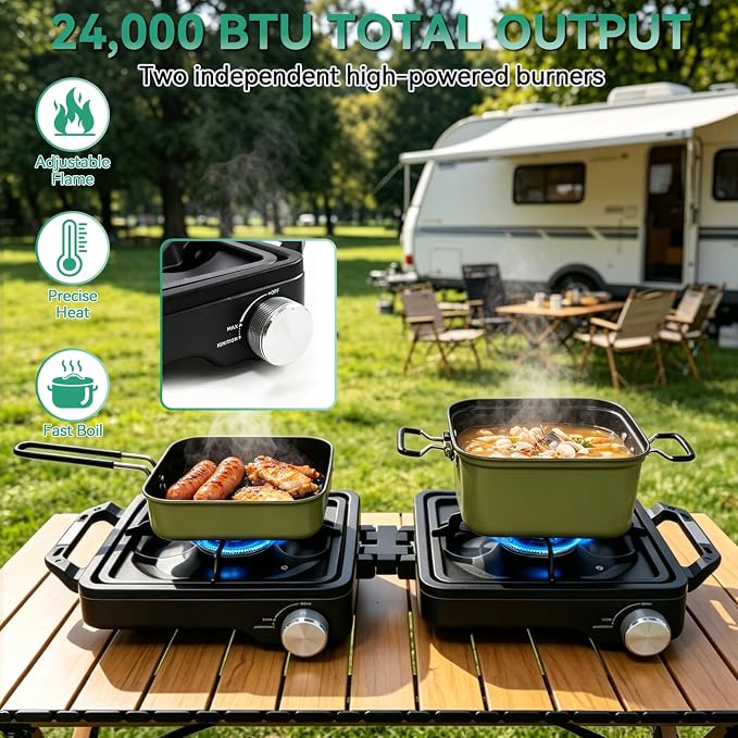 2 Burner Camping Stove 24000 BTU, Portable Propane Camp Stove Set - Image 2